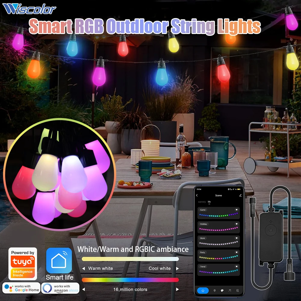 

Wiscolor Smart Outdoor String Lights Music Sync WiFi Patio Lights Support Voice Control For Outdoor Garden Christmas Decoration