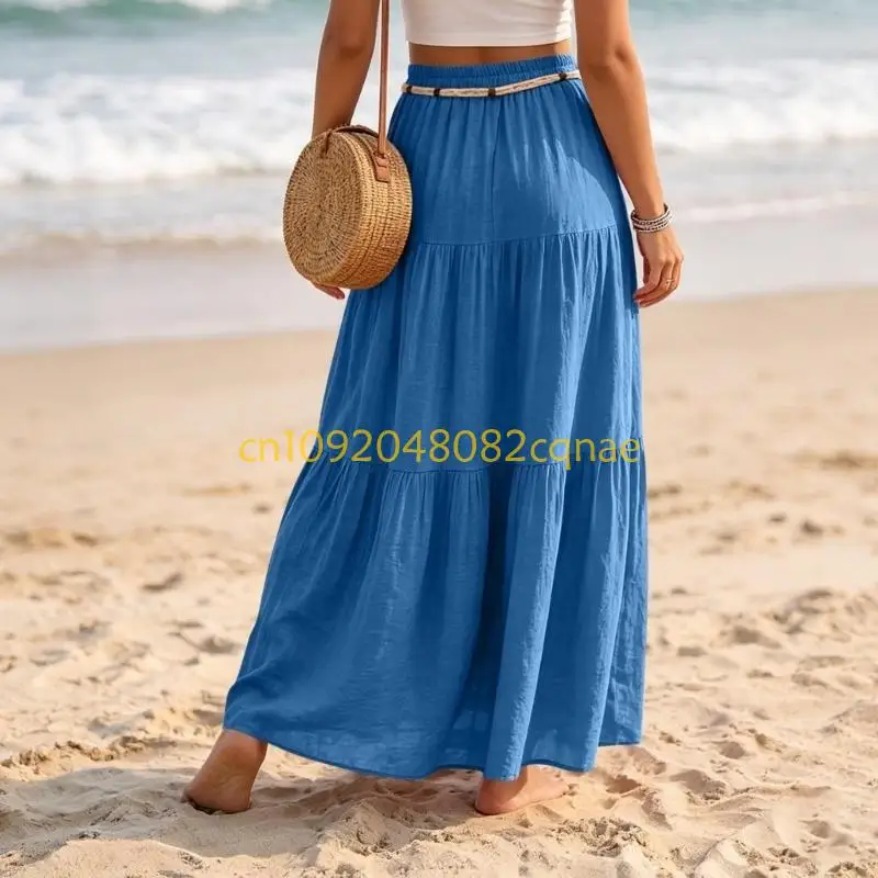 Skirts for Women Linen Maxi Skirt Pleated Long Flowy Elastic Skirt Tiered Beach A-Line Skirts