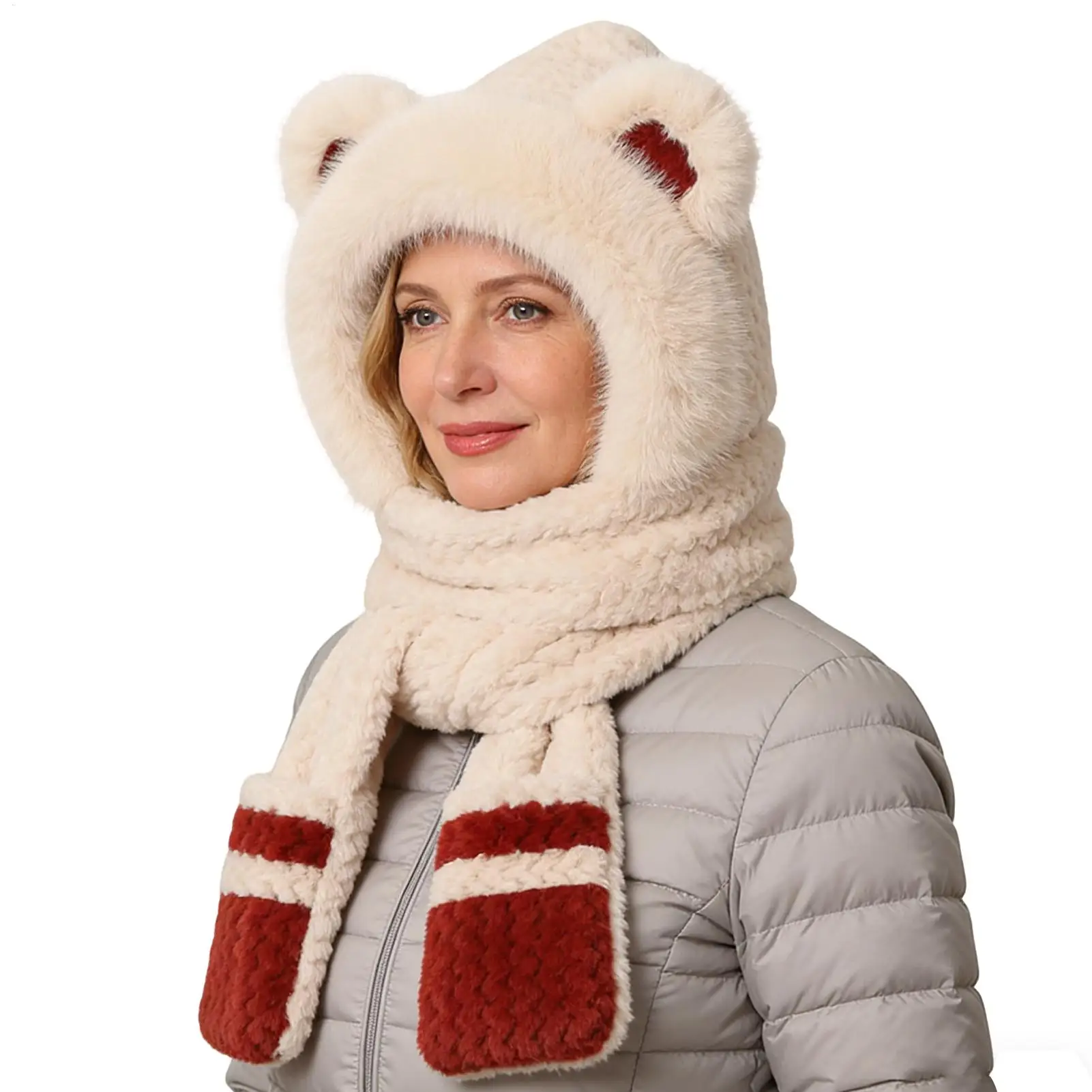 1PC Hooded Scarf With Pockets Bear Hat Plush Thickened Ear Protection Cap Women's Autumn And Winter Warm One-Piece Hooded