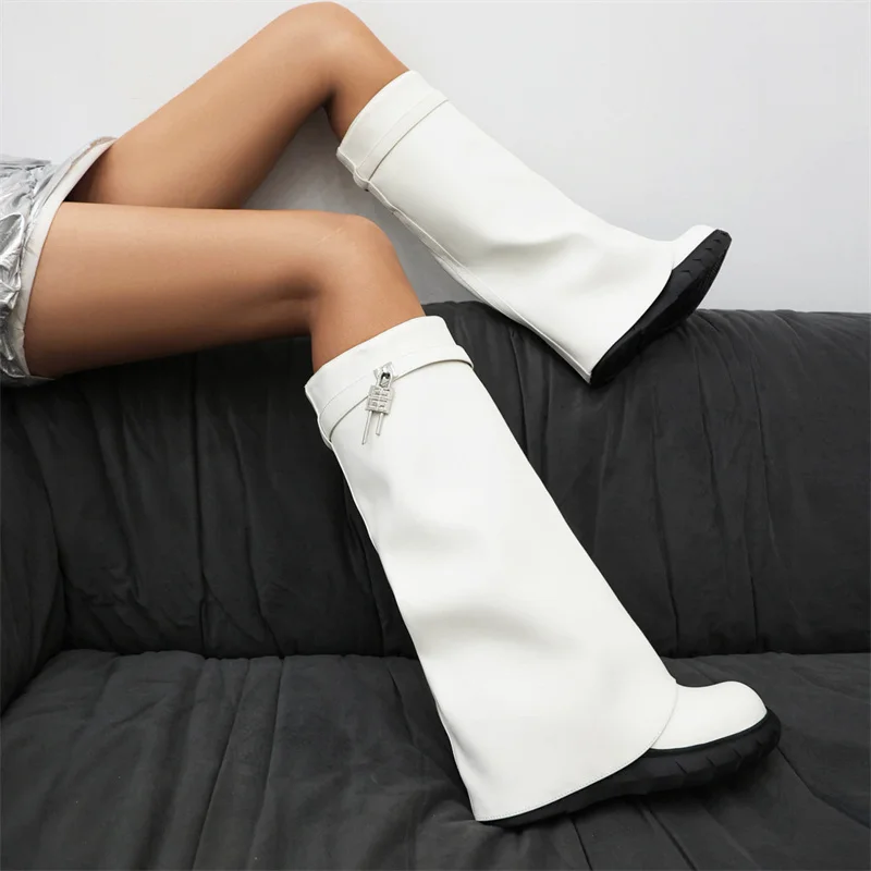 Turned-over Edge Knee High Boots Women Shoes Sexy Wedges Heels Red White Black Western Long Boots Female 2023 Trends Party Shoes