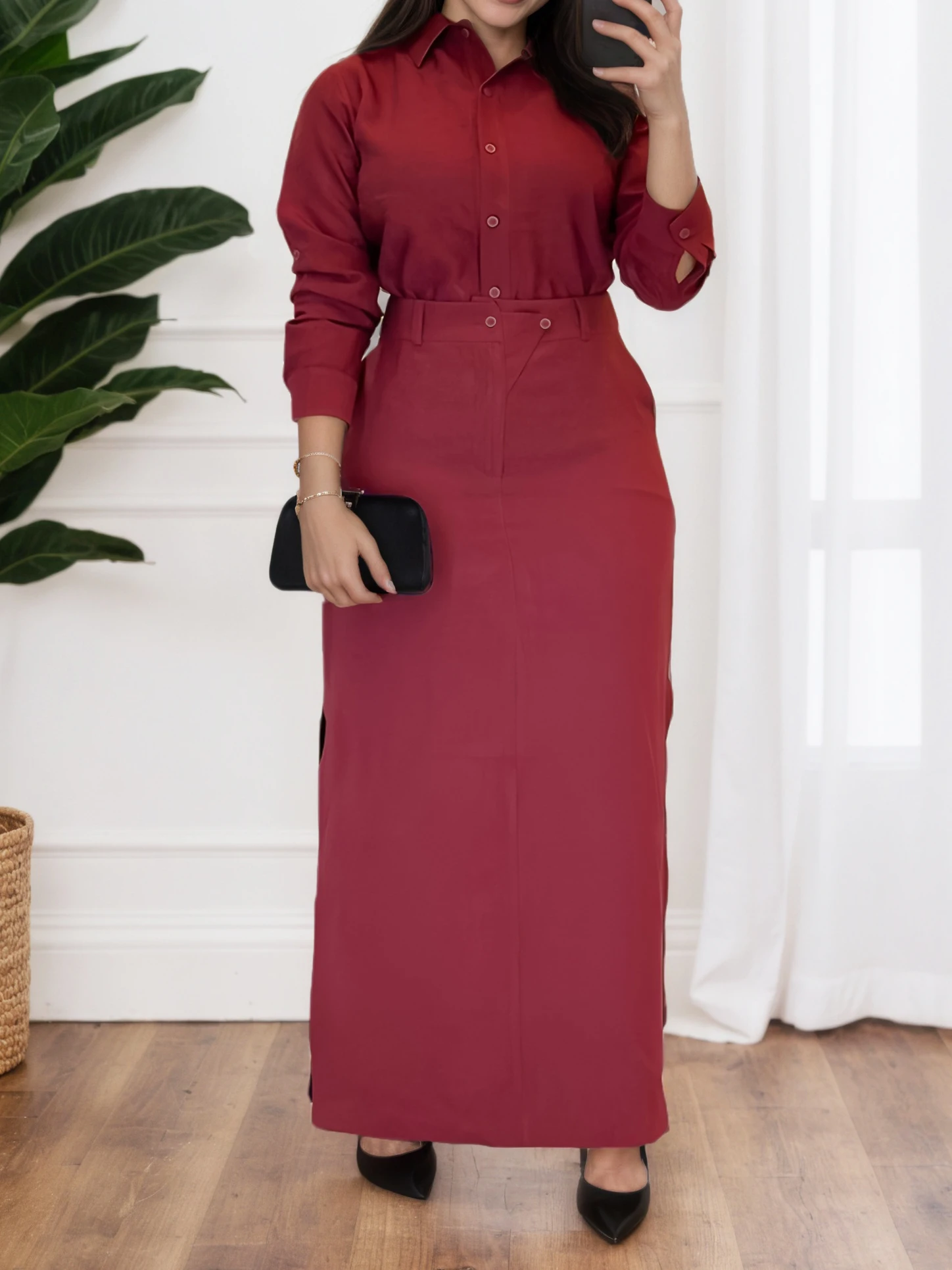 여성용 솔리드 오피스 캐주얼 칼라 셔츠 & 미디 스커트 세트 (봄/여름/가을)