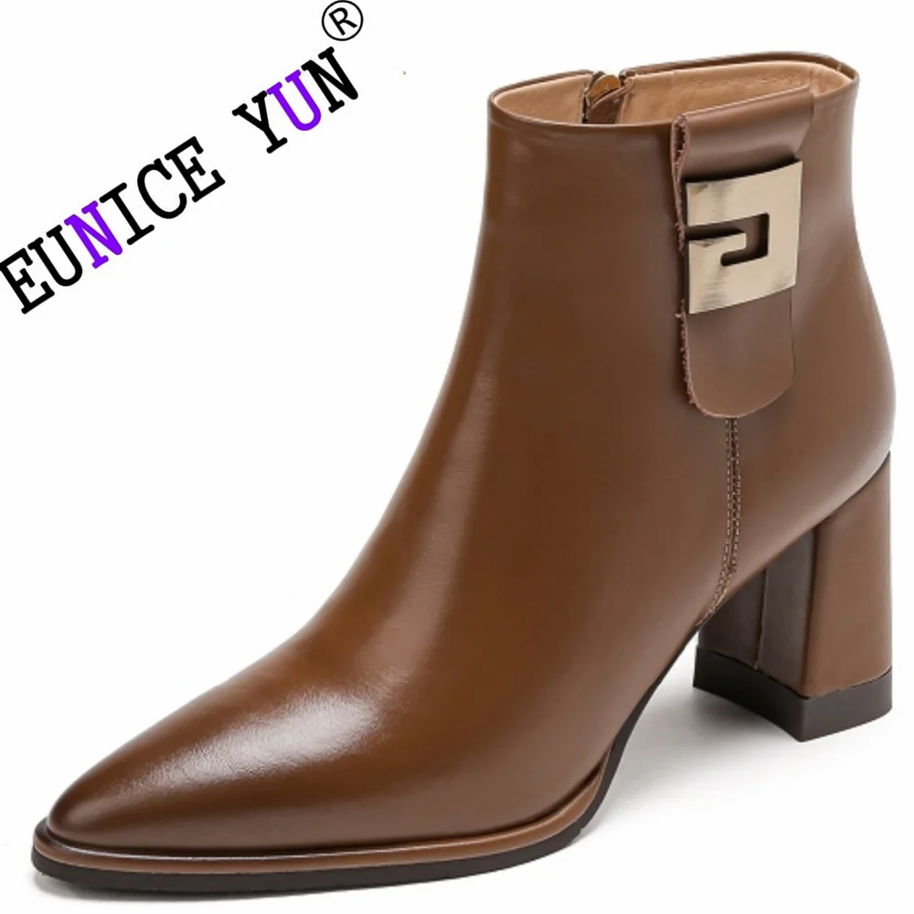 EUNICE YUNICE-Ankle Boots artesanais de couro genuíno para mulheres, saltos altos, botas curtas, fivela de cinto, sapatos femininos, tamanho 34-41