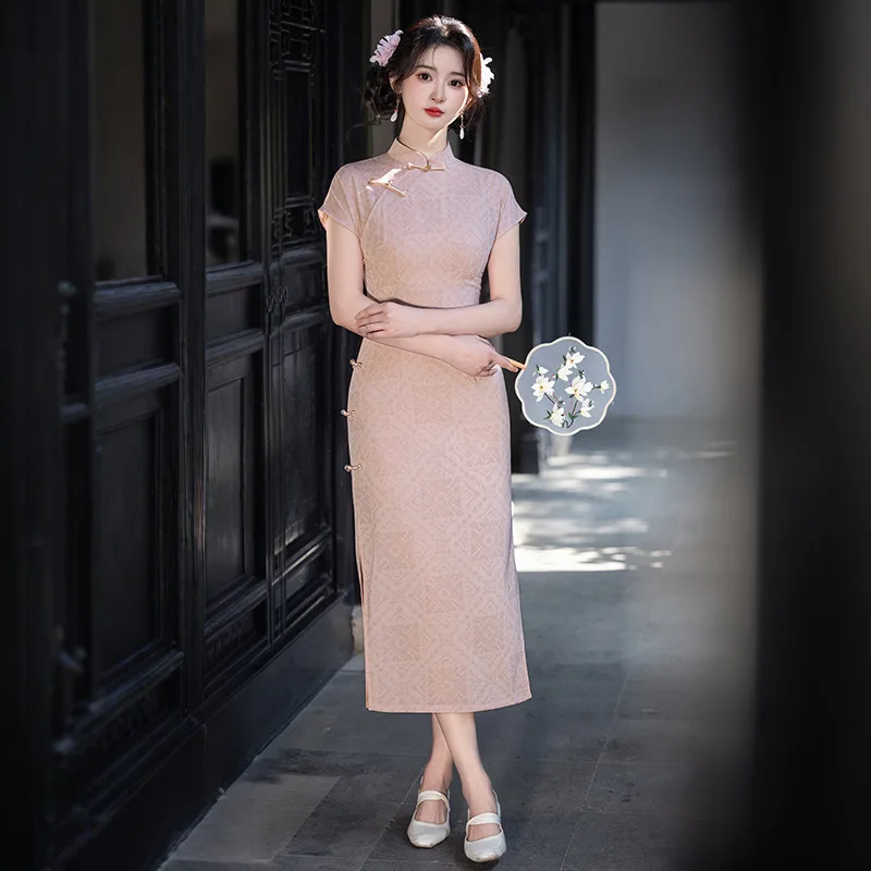 

Summer Cotton Pink Medium Long Style Daily 2026 New Chinese Style Slim Fit Improved Cheongsam Cheongsam