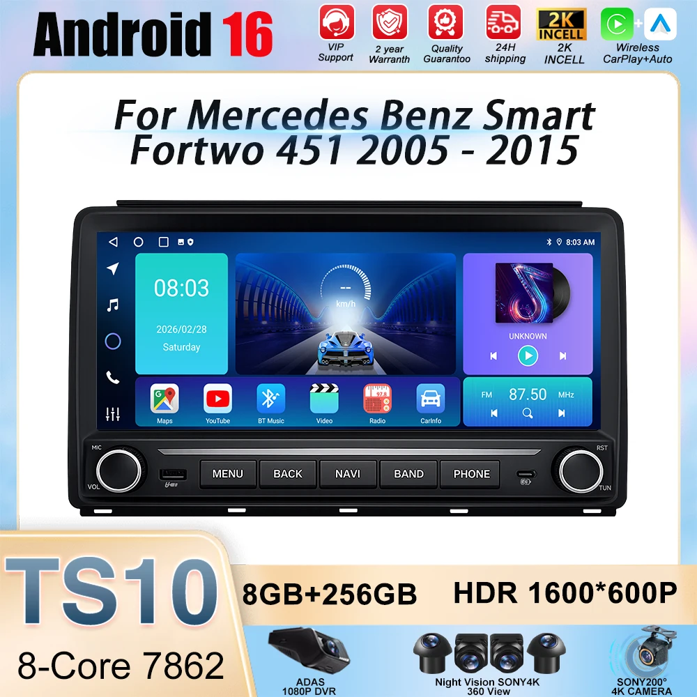 Car Radio carplay For Mercedes Benz Smart Fortwo 451 2005 - 2015 8 Core Auto Screen Multimedia Player Navigation GPS 2din DVD 5G