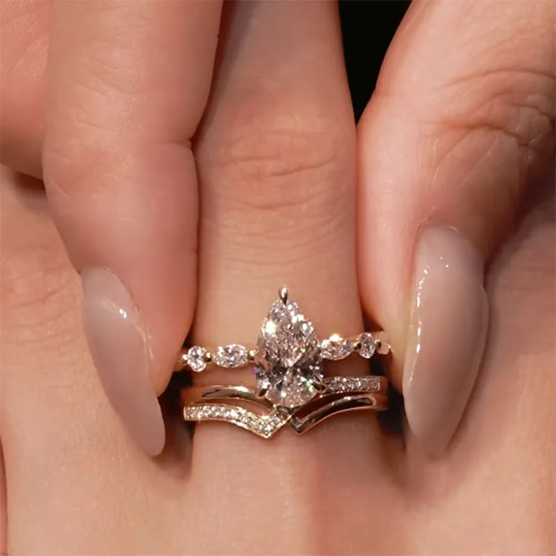 Fashion inlaid diamond water droplet high-end ring two-piece set single diamonds design rings unique party fine jewelry gifts