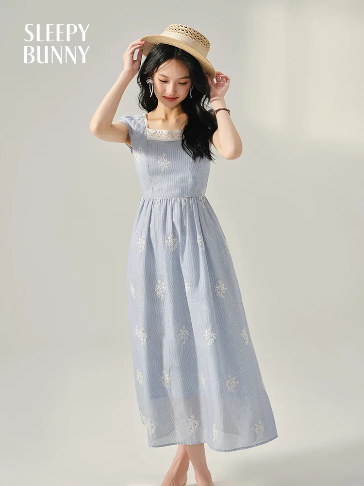 

Elegant Embroidered Lace Maxi Dress for Women French Style Summer Holiday Sundress Square Neck Sleeveless Long Dress Casual Look