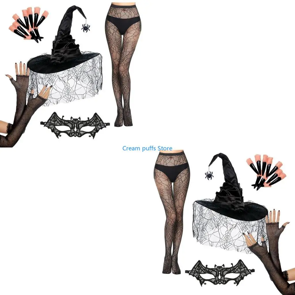 50LE Hallowee Witch Costume Accessories Set Black Spiders Web Veil Hat Gloves Mask Adult Cosplay Witch Outfit For Cosplay