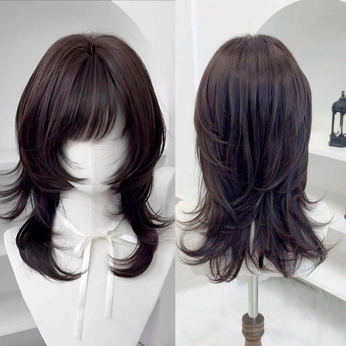 

Synthetic multi-level wig headgear with bangs natural brown and black heat-resistant curly hair 18-inch high-level wig