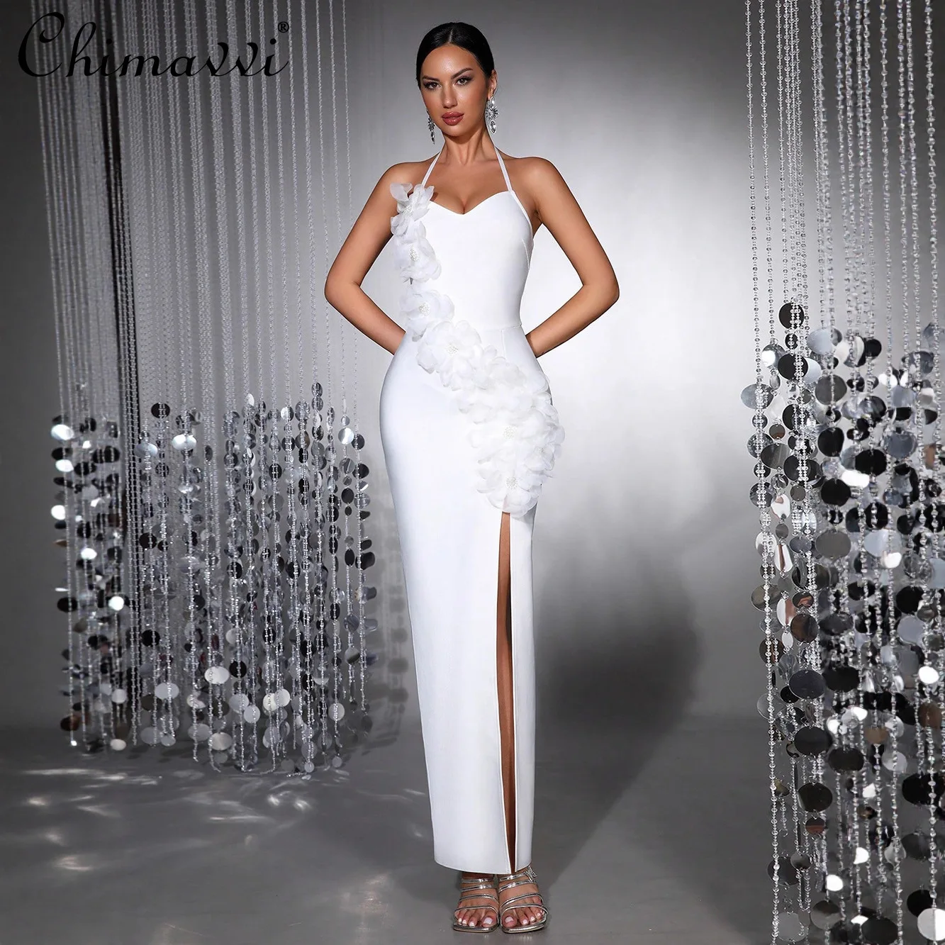 

American Style Elegant Fashion Bandage Evening Dress Halter V-neck 3D Flower High Waist Slim White Bodycon Long Dress for Women