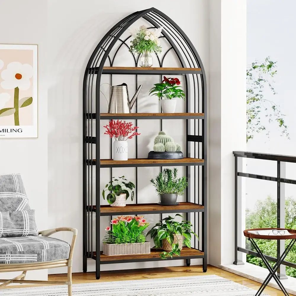 

Industrial Style 5-Tier Wood and Metal Plant Stand, 74.8 Tall for Indoor or Outdoor Use, Rustic Brown & Black