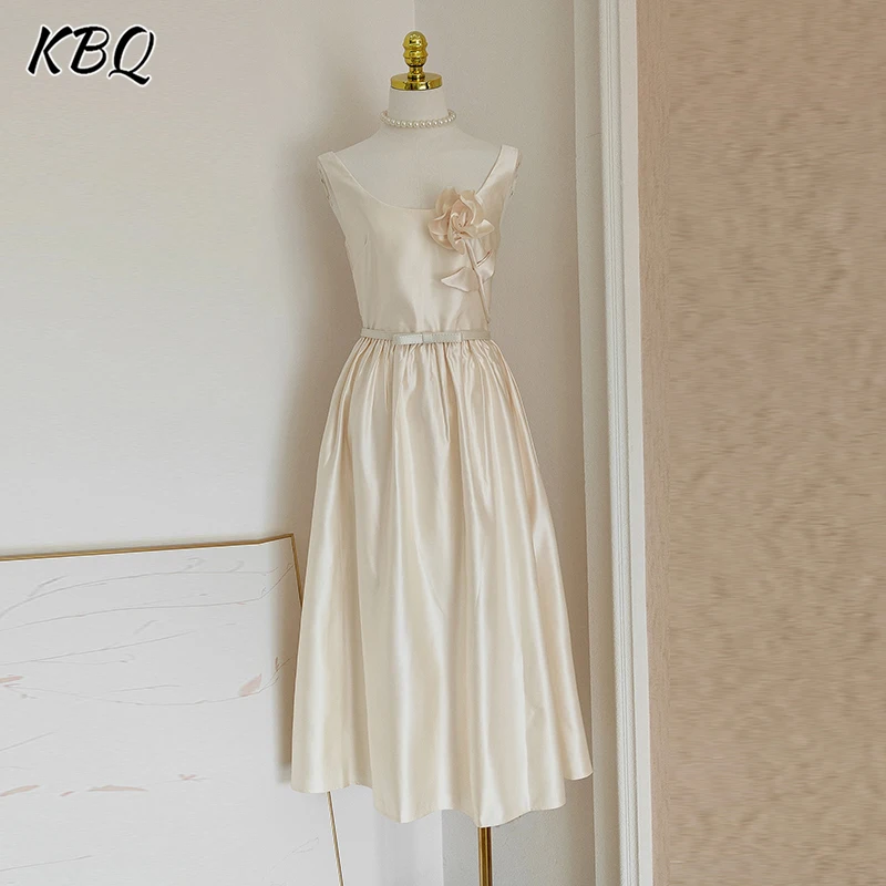 

KBQ Solid Spliced Appliques Tunic Dresses for Women Round Neck Sleeveless High Waist Temperament Dress Female Fashion Style New
