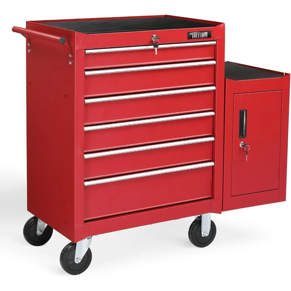 TUFFIOM 6-Drawer Rolling Tool Chest w/Lock & Key, Tool Storage Side Cabinet with Wheels, Top Cushion & Drawer Liners