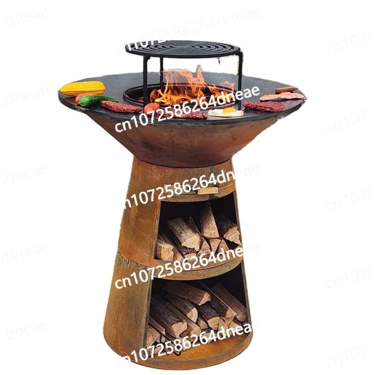 Parrilla de barbacoa de acero Corten para exteriores, Plancha con almacenamiento de leña