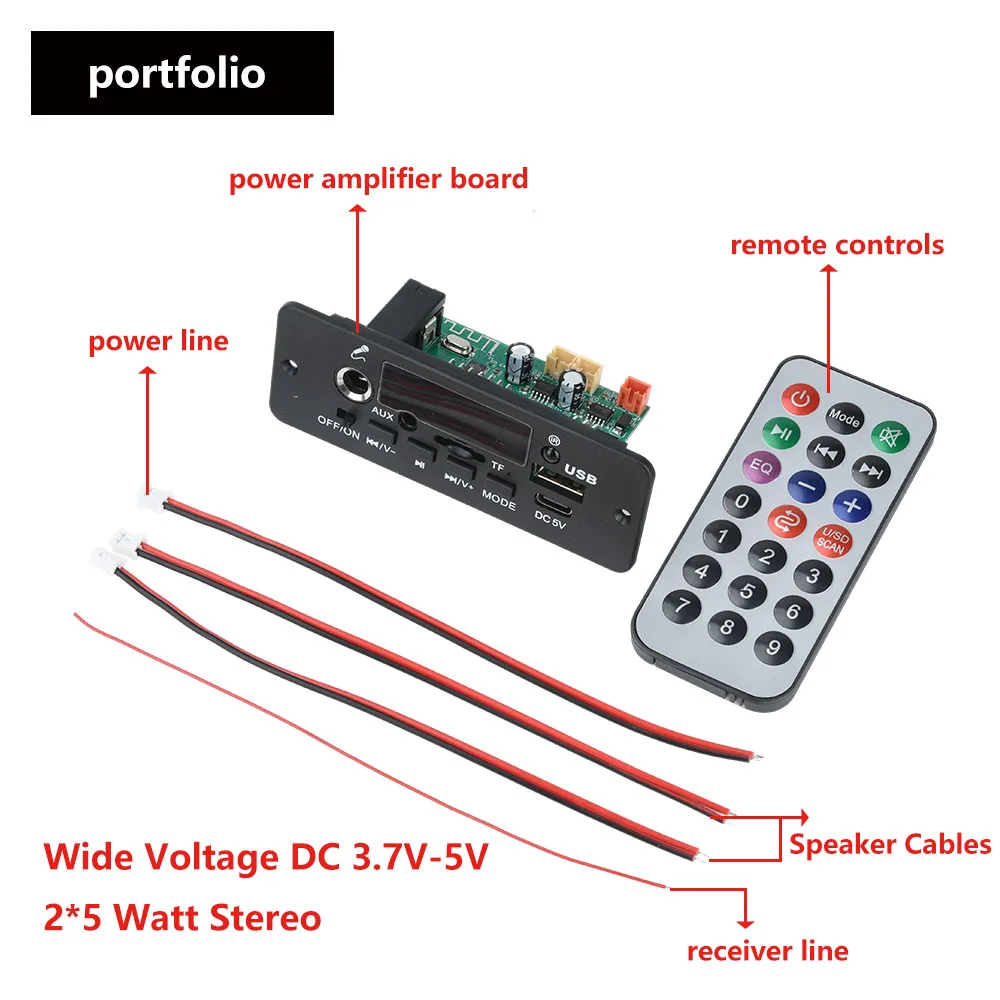 10W Digital Amplifier MP3 Decoder Board DC 3.7-5V Bluetooth 5.0 FM Support Microphone Car MP3 Player with Remote Controller 2*5W