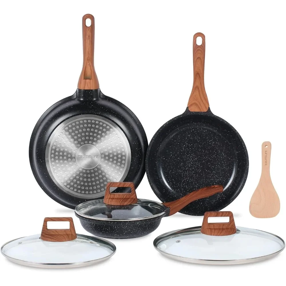 

Nonstick Ceramic Frying Pans Skillets Set with Lids, Non-Toxic Egg Omelette Kitchen Cooking Pans Compatible with All Stovetops