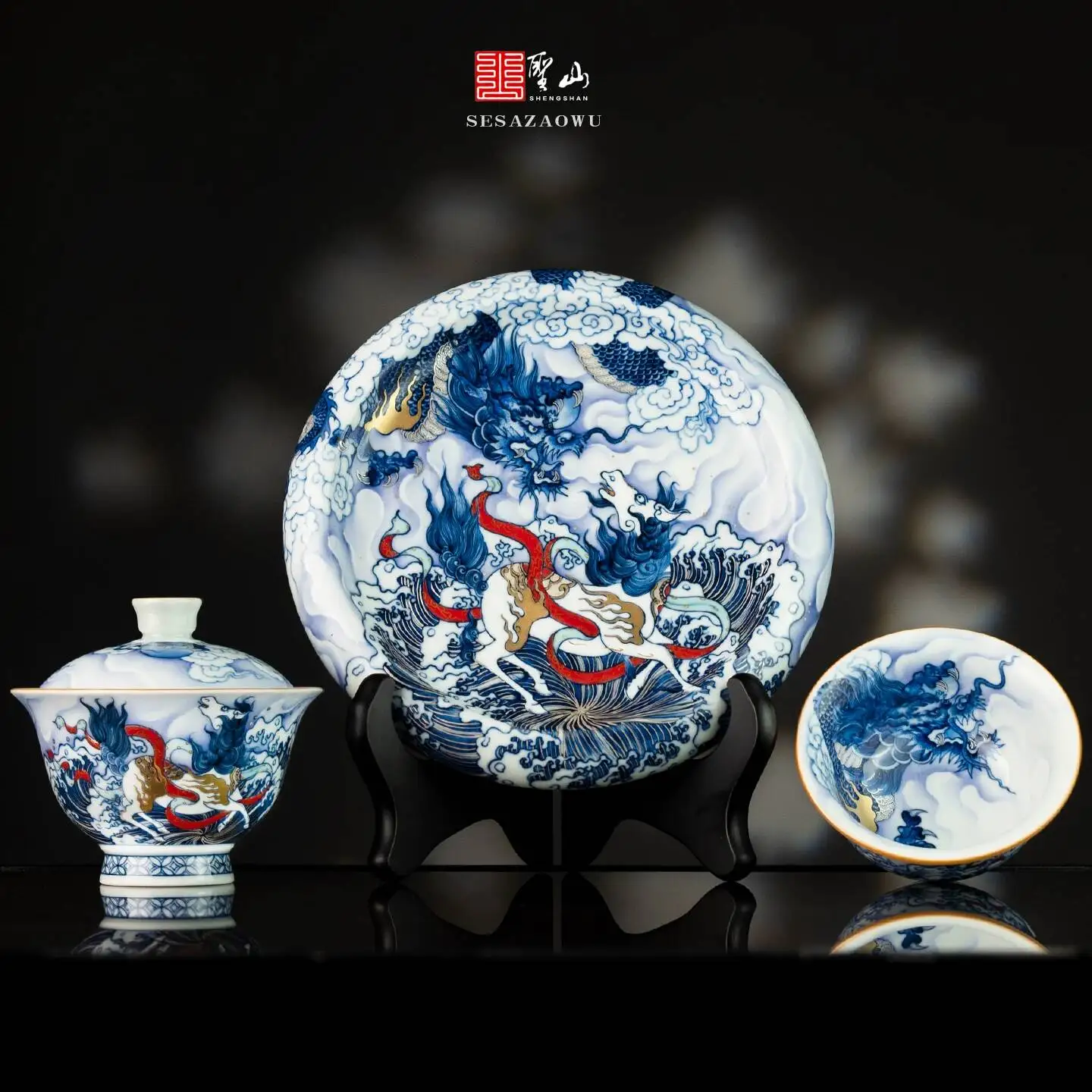 

Xunzhen Tang Original Blue White Porcelain Dragon And Horse Spirit Ceramic Gaiwan, Jingdezhen Handmade Hand-Painted Gaiwan Set