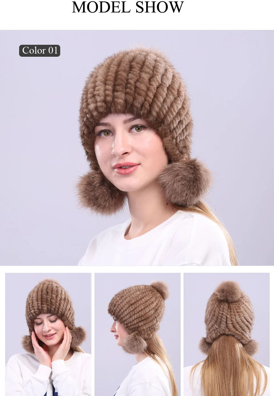 Echte Nerz Pelzmütze mit Fuchspelz Ball Ohrenschützer Schutzkappe Wintermütze für Frauen Russische Trapper Herbstmütze Beanie Herbstmütze – Detail 4