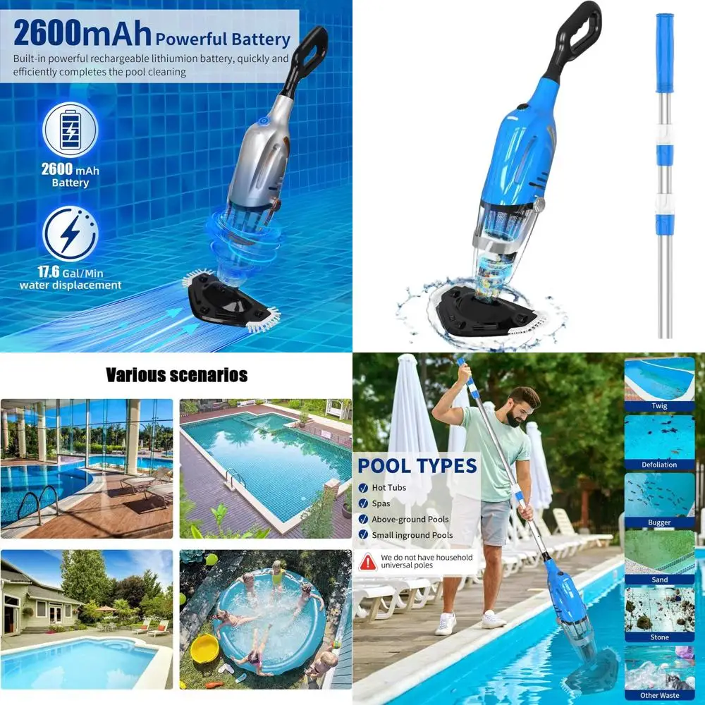 

Wireless Rechargeable Pool Cleaner, Handheld for Above and Inground Pools, 18.5 GPM, 80 Mins Run Time
