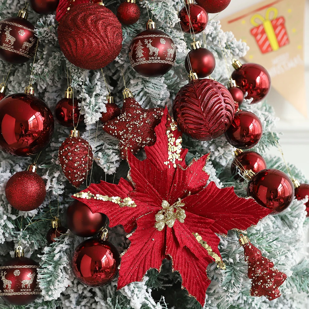 53pcs Christmas Ball Ornament Wine Red Green Champagne Ball Artificial Christmas Flower Xmas Tree Hanging Decor Home NewYear Sup