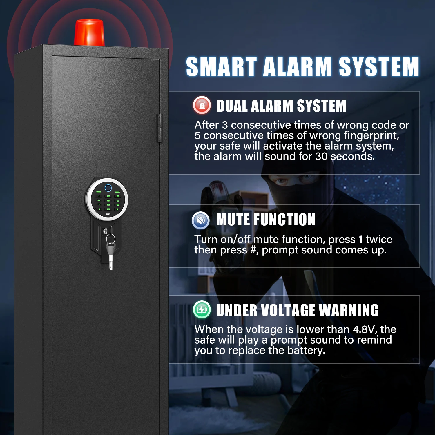 5-6 pistol biometrik aman, akses cepat lemari pistol dengan lampu LED, senjata aman dengan rak pistol yang dapat disesuaikan dan rak yang dapat dilepas