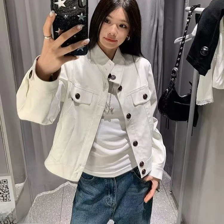 أبيض عادية متعددة الاستخدامات التخسيس الجلود Jaet الوقوف طوق ربيع الخريف المرأة الجديدة تصميم حصري ort ملابس خارجية