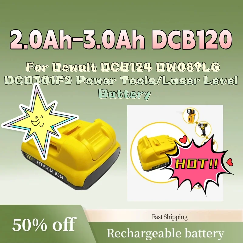 

Grade A Rechargeable Li-Ion Battery 12V 2.0Ah-3.0Ah DCB120 for Dewalt DCB124 DW089LG DCD701F2 Power Tools/Laser Level Battery