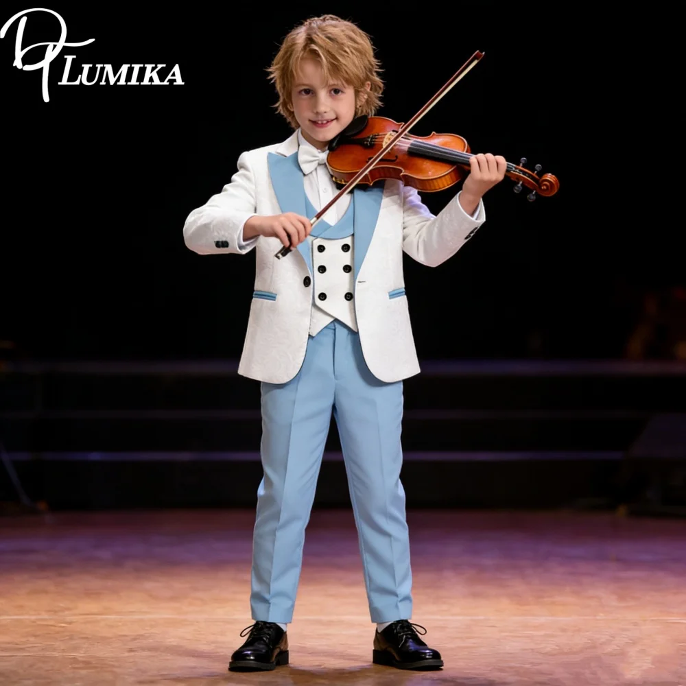 

Elegant Boys Wedding Suit Tuxedo 4 Piece Jacquard Jacket Sky Blue Pants Vest Kids Blazer Set Slim Fit Tailored Outfit