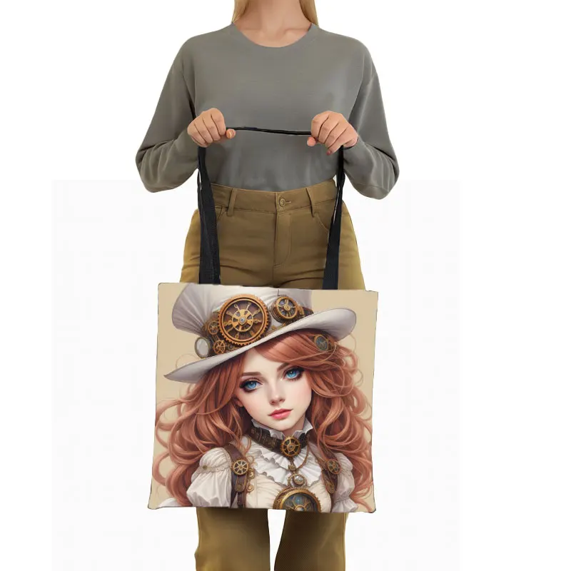 Cute Steampunk Girls Print Shoulder Bag Women Handbags Large Capacity Tote Bag Kawaii Girls Storage Bags Grocery Bag Gift