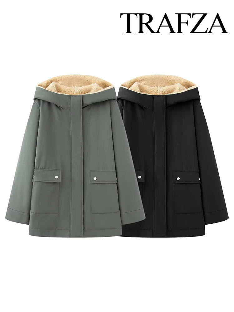 

TRAFZA Women Winter Fashion Plush Hooded Thickened 2-Color Parker Cotton Female Chic Casual Versatile Warm Zipper Pocket Jacket