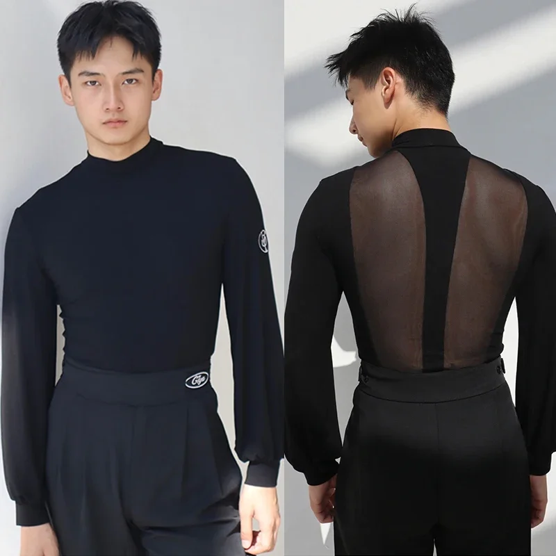 

Latin Dance Clothes For Men Long Sleeves Mesh Back Black Tops Male Ballroom Dance Performance Clothing Practice Wear DNV19440
