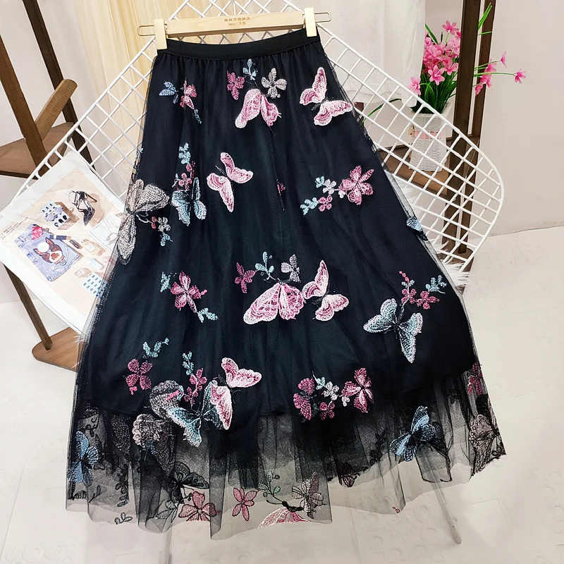 Butterfly Embroidery Skirt Women High Waist Skirt Elegant Tulle A Line Pleated Skirt Female Mesh Midi Skirt Summer Saia Feminina