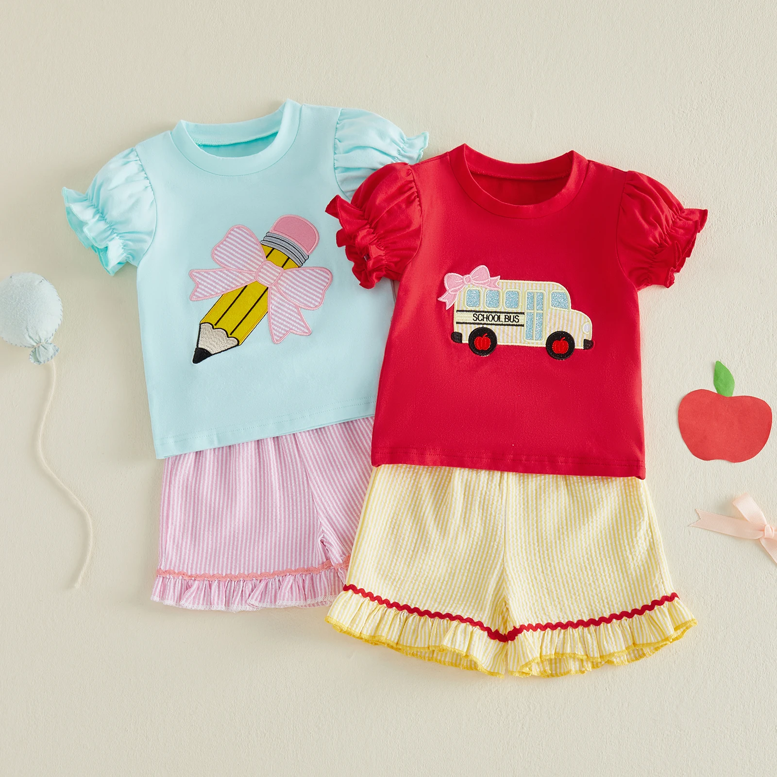 1-6Y Toddler Girls Back to School Outfits Adorable Bow Bus Embroidery Short Sleeve Round Neck t shirt Tops Striped Shorts Set