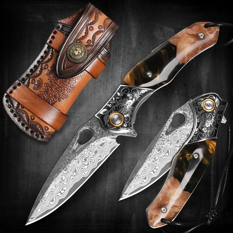 

High Quality Damascus Steel Pocket Knife with Sheath, Resin Maple Handle, EDC Survival Adventure Tools Hunting Folding Knife