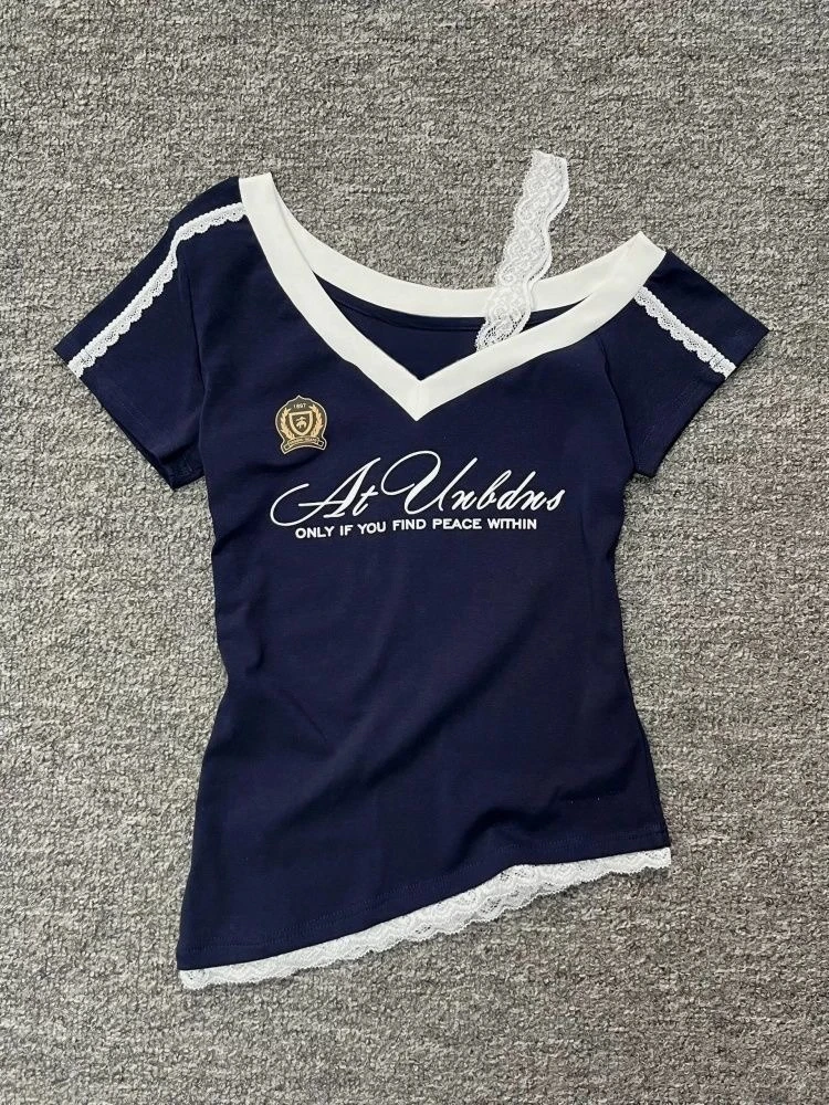

2000s American Vintage Sexy Lace Short Sleeve T Shirts Sweet Y2k Bodycon Women Outwear Tees Summer Subculture Clothing Chic