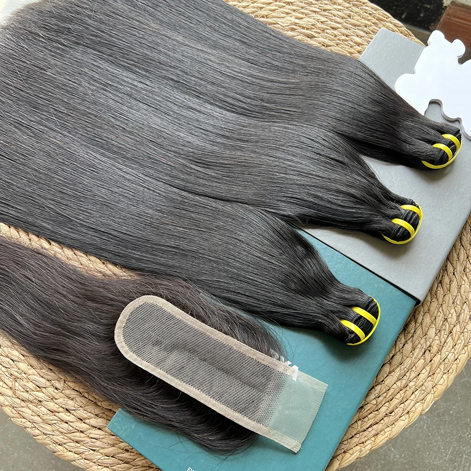 Bone Straight Double Drawn Human Hair Bundles With 2x6 Transparent Lace Closure Bleached Knots 100% Human Hair Weave Extensions