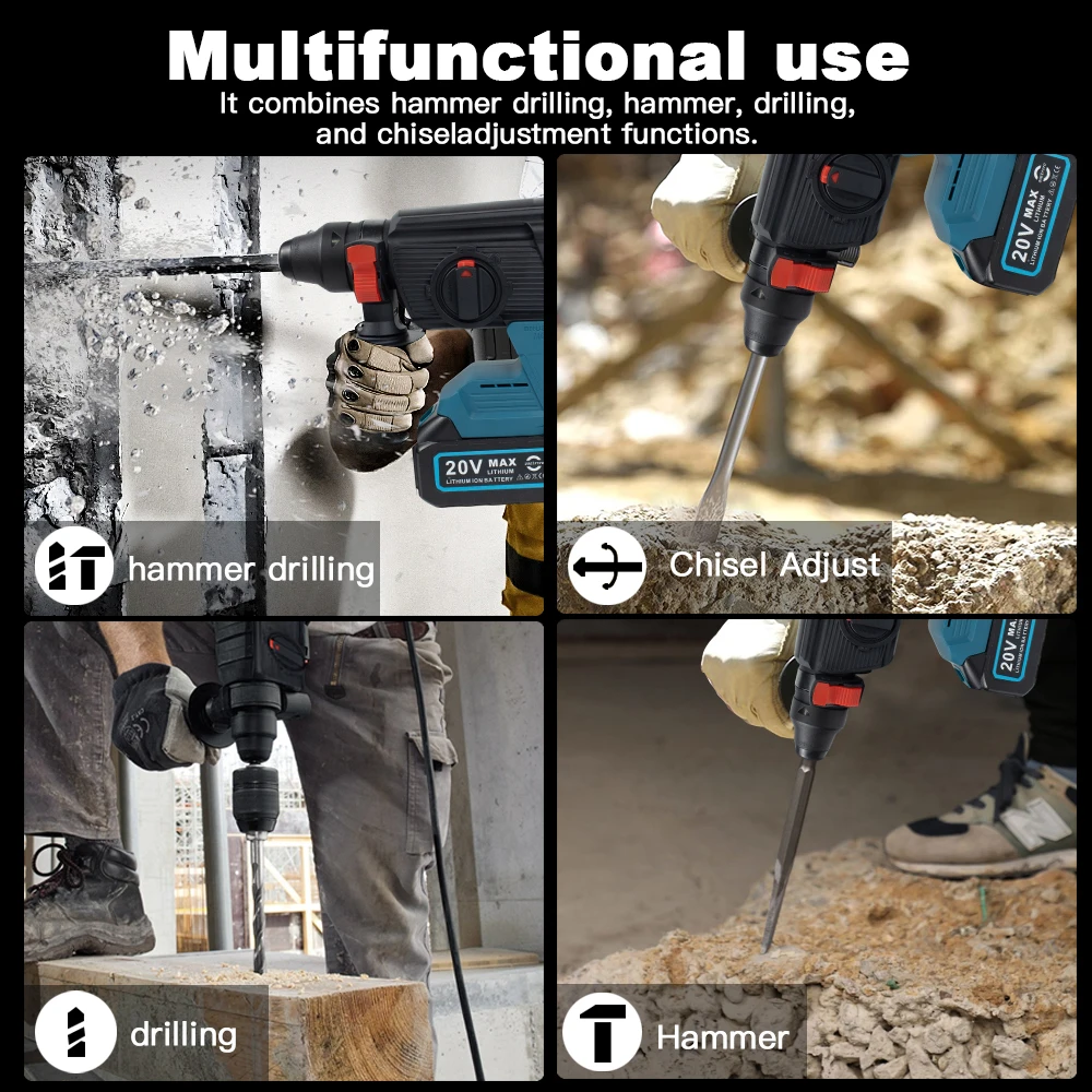 26MM Brushless Electric Heavy Duty Hammer Multifunctional Rotary Cordless Rechargeable Impact Drill for Makita 18V Battery
