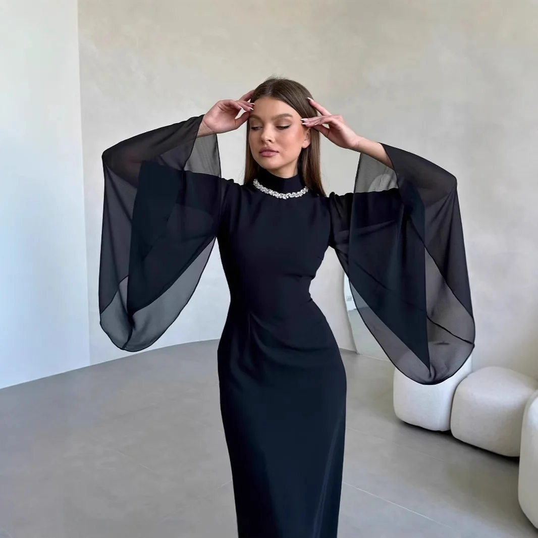 Elegant Slim Fit Solid Prom Dress Autumn Mesh Long Sleeved Flowing Long Dress Women's O Neck High Waist Straight Maxi Dress