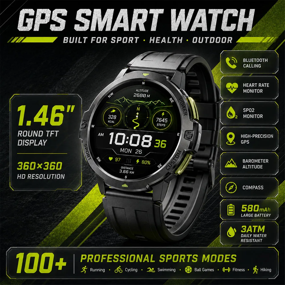 Nouvelle Montre Connectée Militaire GPS Étanche 3ATM avec Grande Batterie 580mAh et Boussole, Montres Sportives Intelligentes pour Homme et Femme 2026 Android