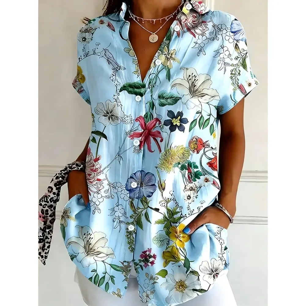 Women American Striped Floral 3D Print Short Sleeve Shirt Casual Loose Fit Button Down Breathable Soft Flattering Daily