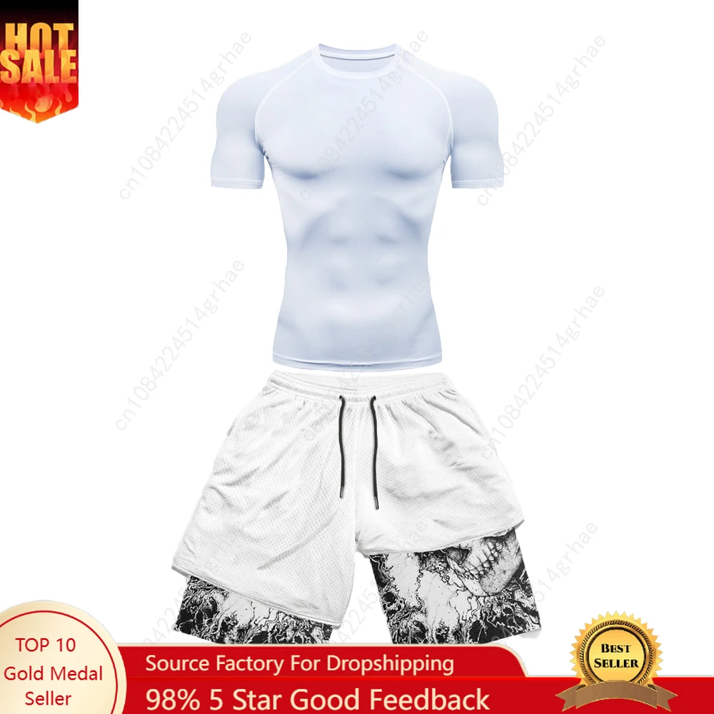 

Men's Tight Compression Suit Sports Fitness Suit Quick Dry Short Sleeve Anime Double Layer Shorts Summer