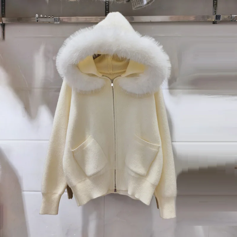 

Knitwear Women Cardigan Fashion Autumn Winter Clothes Female Hooded Faux-Fox Fur Collar Short Knitted Jacket Faux-Fox Fur Coat