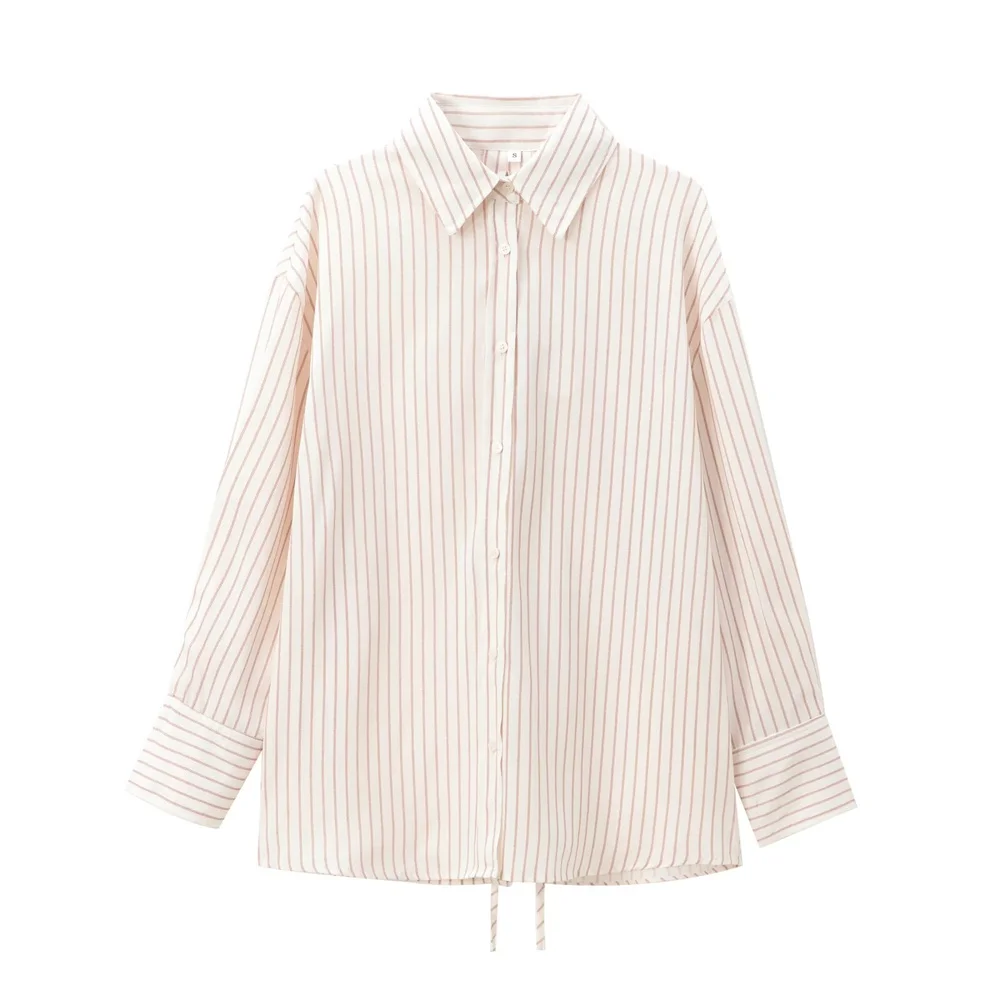 PB&ZA 2024 early autumn new women's fashion simple versatile lapel back tie bow striped long-sleeved shirt