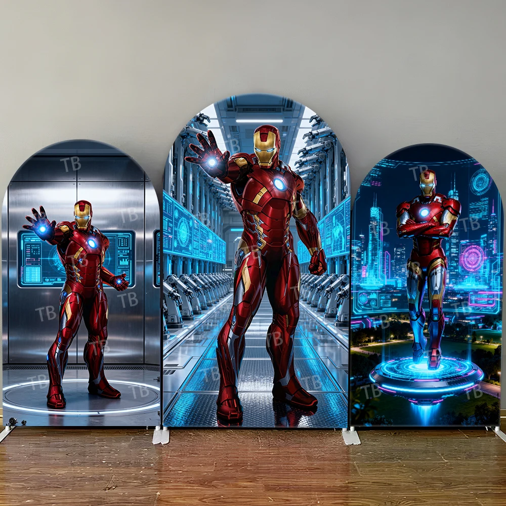 

Iron Man Arch Backdrop Cover High Tech Lab Futuristic City Suit For Boys Birthday Party Superhero Theme Photo Booth Decor Prop