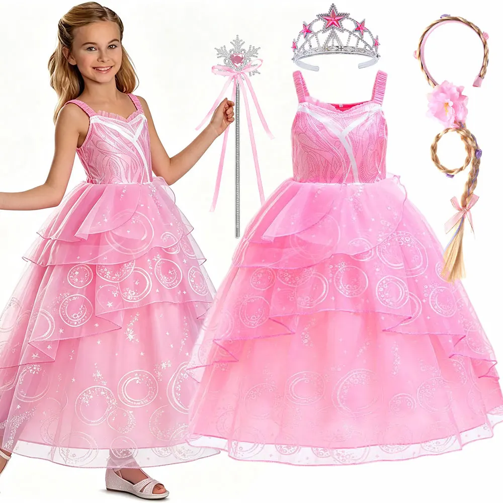 Kid Pink Off Shoulder Oz Wizard Princess Dress Girls Birthday Party Printed Layered Tulle Ball Gown Cosplay Witch Glinda Costume