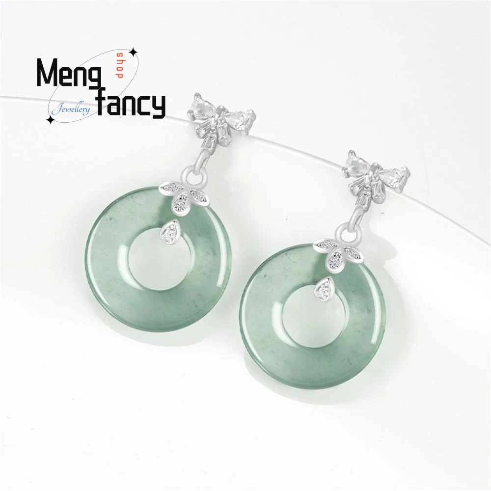 Natural A-goods Jadeite Blue Water Ice Jade Earrings S925 Silver Inlaid High-grade Fashion Exquisite Luxury Jewelry Holiday Gift