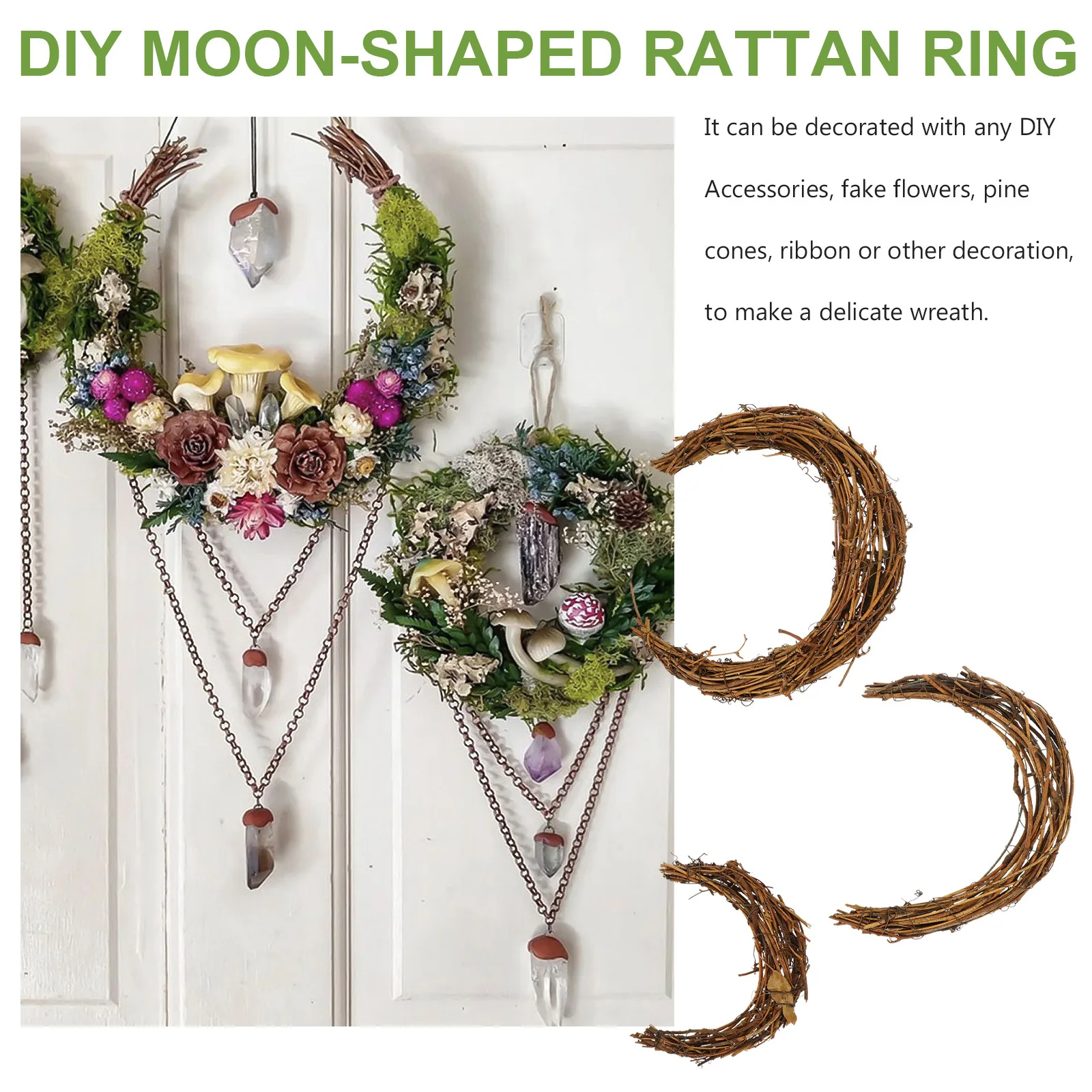 

3Pcs DIY Rattan Wreath Frame Moon Shape Floral Garland Material for Holiday Party Wall Door Decor Dream Catcher Style