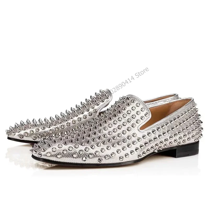 

Silver Rivets Decor Low Top Giltter Men Loafers Fashion Slip On Men Casual Shoes Luxury Handcraft Party Banquet Men Dress Shoes