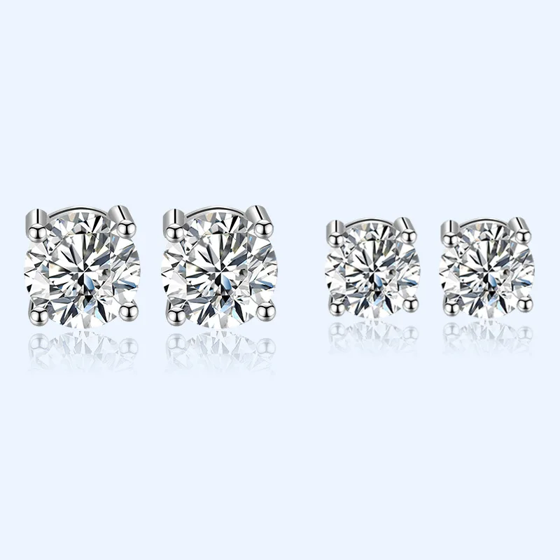 Sterling silver ear studs with geometric round and square motifs featuring simulated moissanite stones in 5mm and 6mm sizes craf