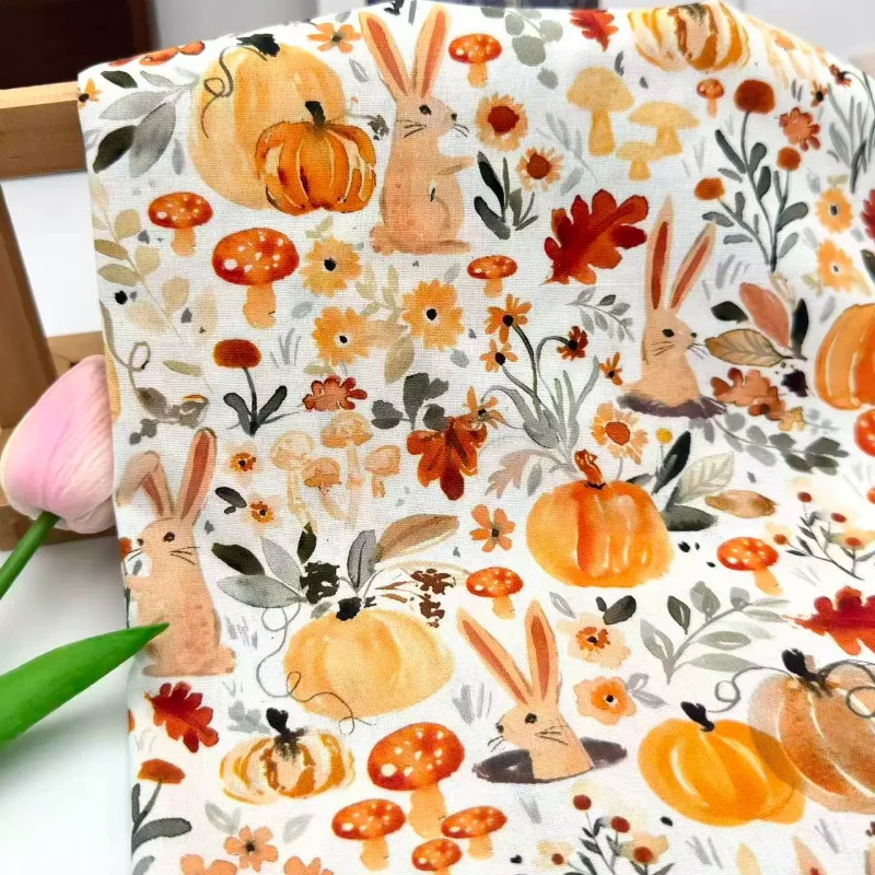 L100cm X W110cm Vintage Oil Painting Pumpkin Rabbit Pure Cotton Poplin Printed Fabric Handmade DIY Dress Tablecloth Material