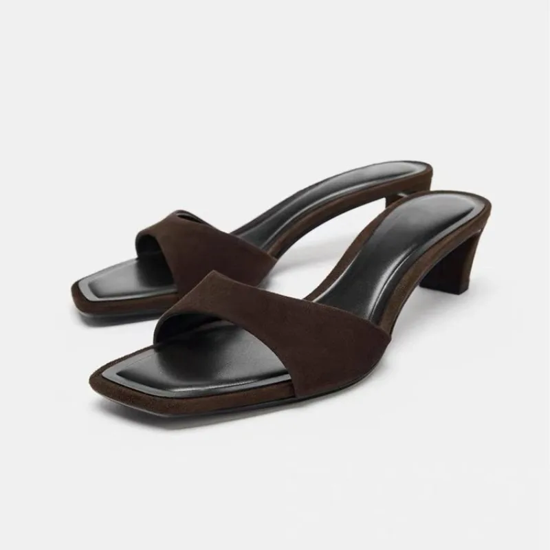 

Vintage Brown Faux Suede Slippers for Women Fashion Square Toe Chunky Heel Slides Sandals Summer Sexy Open Toe Designer Shoes